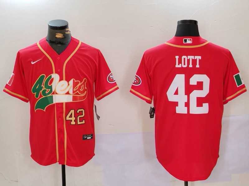 Men%27s San Francisco 49ers #42 Ronnie Lott Red With Patch Cool Base Stitched Baseball Jersey